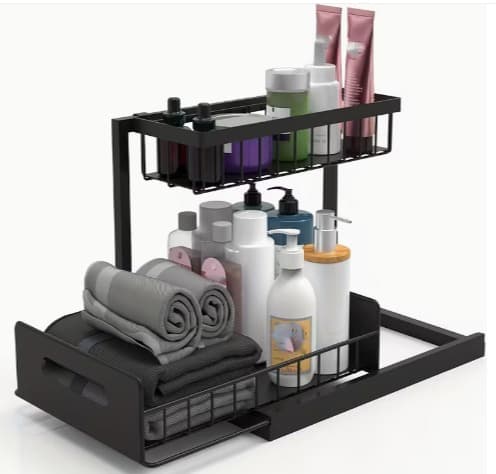 Organizador de baño 2 niveles negro con cajón